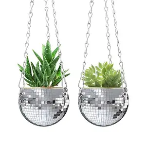 2 Pcs Hanging Disco Ball Planter - 4 Inch Sliver Disco Ball Planter with Macrame Hanger Holder - Hanging Mirror Ball Flower Succulents Pots for Indoor Outdoor Plants