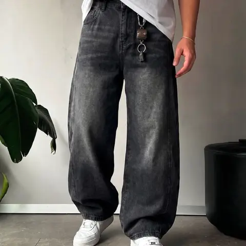 Men's Dark Gray Washed Polyester Denim Jeans - 90s Fashion Men's Jeans with 90s Relaxed Fit Style, Long Plain Straight Leg, Buttons Accent, Vintage Finish, Casual Streetwear Trousers, 34/M, Ideal for Halloween, Thanksgiving & Everyday Wear