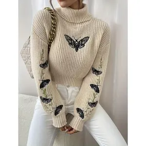 Butterfly Pattern High Neck Pullover Sweater - Soft Mid-Elasticity Polyester Knit Fabric, Embroidered Details, Casual Long Sleeve Crop Style for Women - Perfect for Fall and Winter Seasons