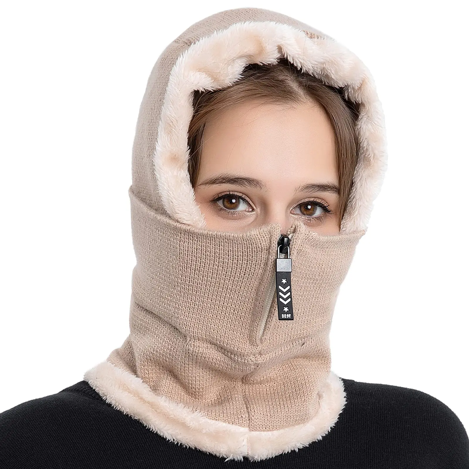 Women's Windproof Elastic Fleece Balaclava Beanie - Thermal Hooded Hat with Integrated Face and Scarf Combo for Cycling, Skiing - Cold Weather Winter Warm Cap, Windproof Balaclava