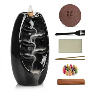 CasaFoyer Ceramic Backflow Incense Holder Waterfall Burner Set with 120 Cones 30 Sticks Premium Accessories for Aromatherapy Home Decor & Gift Fragrance Scented