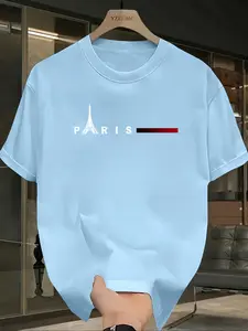 Men's Regular Fit Paris Print Round Neck Tee, Casual Short Sleeve Crew Neck T-Shirt for Daily Wear, Men's Top for All Seasons, Tropical, Casual Style Tee