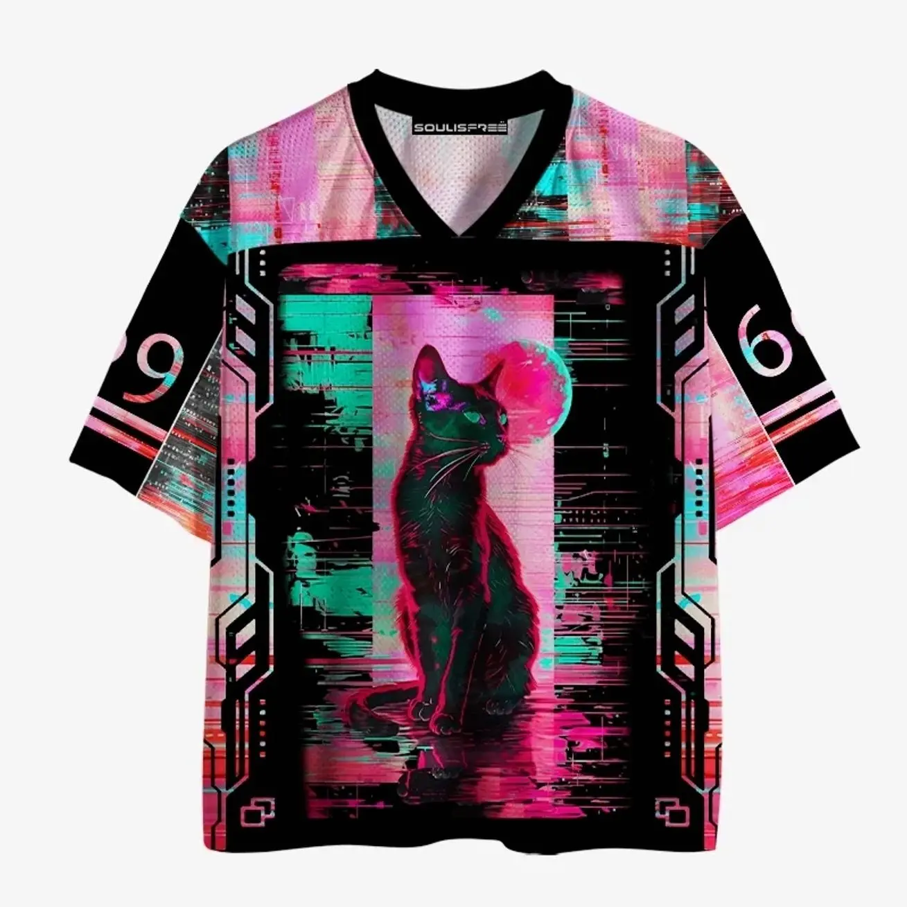 Neon Glitch Cyber Cat Mesh Jersey, Futuristic Cyberpunk Graphic Sports Shirt, Y2K Techwear Streetwear Top, Glowing Cat Graphic Breathable Oversized Unisex Jersey, Trendy Casual Summer Shirt for Men & Women A1J