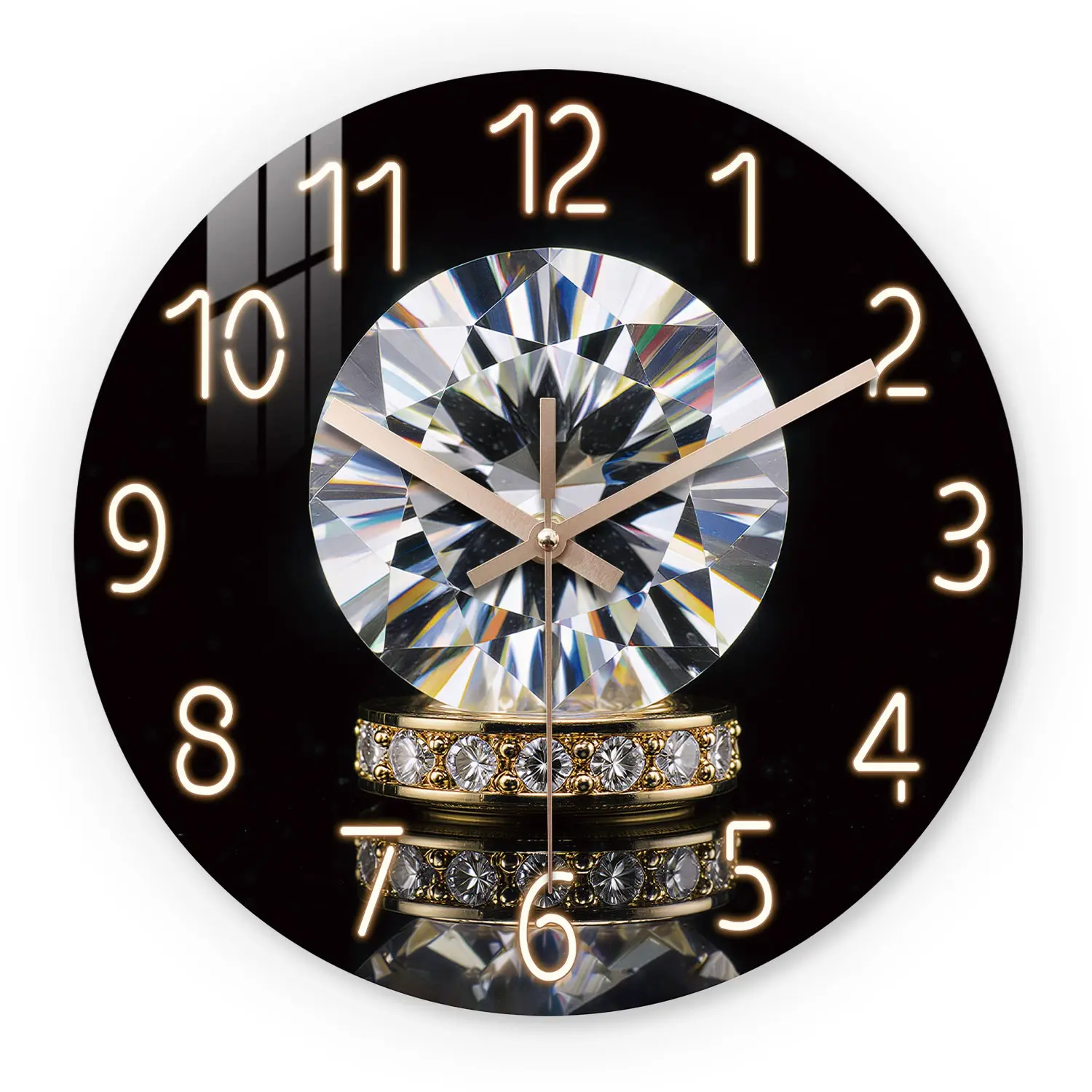 Gold Diamond Trim Wooden Wall Clock, Silent 10-24 Inch Battery Operated, Ideal for Living Room Bedroom Office, Mother's Day Easter April Fools'