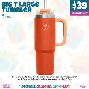 Tupperware Big T Large Tumbler 37 oz Exclusive Product for Car Office Coffee Shop Orange Insulated Cup