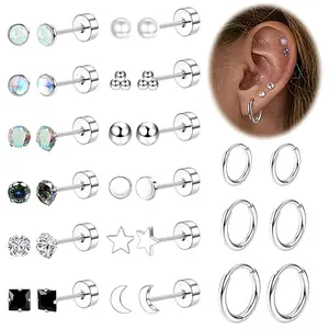 15Pairs Surgical Steel Flat Back Earrings Hypoallergenic 20G Screw Back Nap Stack Cartilage Earring Stacks