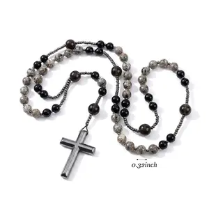 Natural Obsidian Yooperlite Rosary Necklace UV Reactive Protection Necklace Hematite Stone Cross Pendant Necklace Gift for her, gift for him