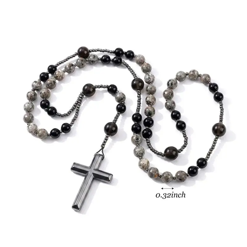 Natural Obsidian Yooperlite Rosary Necklace UV Reactive Protection Necklace Hematite Stone Cross Pendant Necklace Gift for her, gift for him Exquisite Jewelry Gift