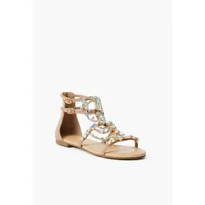 JUSTFAB Women’s Crystal‑Studded Rhinestone Embellished Gladiator Flat Sandals Adjustable Strap Evening Footwear