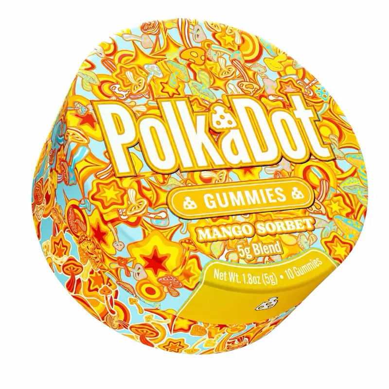 Polkadot Mango Sorbet Mushroom Gummies, 10 Count, High Potency Plant-Based Gummies, Soft Chewy Gummies, 100% Organic Ingredients, High-Quality Formula, Freshness-Sealed, Secure Reusable Metal Tin, Travel-Friendly Packaging, Proudly Made in USA