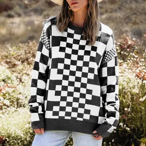 Black Checkered Print Drop Shoulder Round Neck Sweater