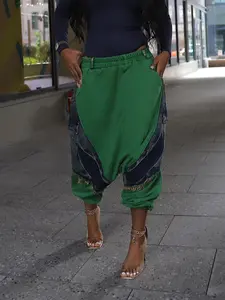 Women's Fashion Patchwork Harem Pants, Casual Loose-Fitting Long Trousers, Stylish Ripped Design, Perfect for Spring & Fall, Bohemian Trousers, Bohemian Boho Trousers