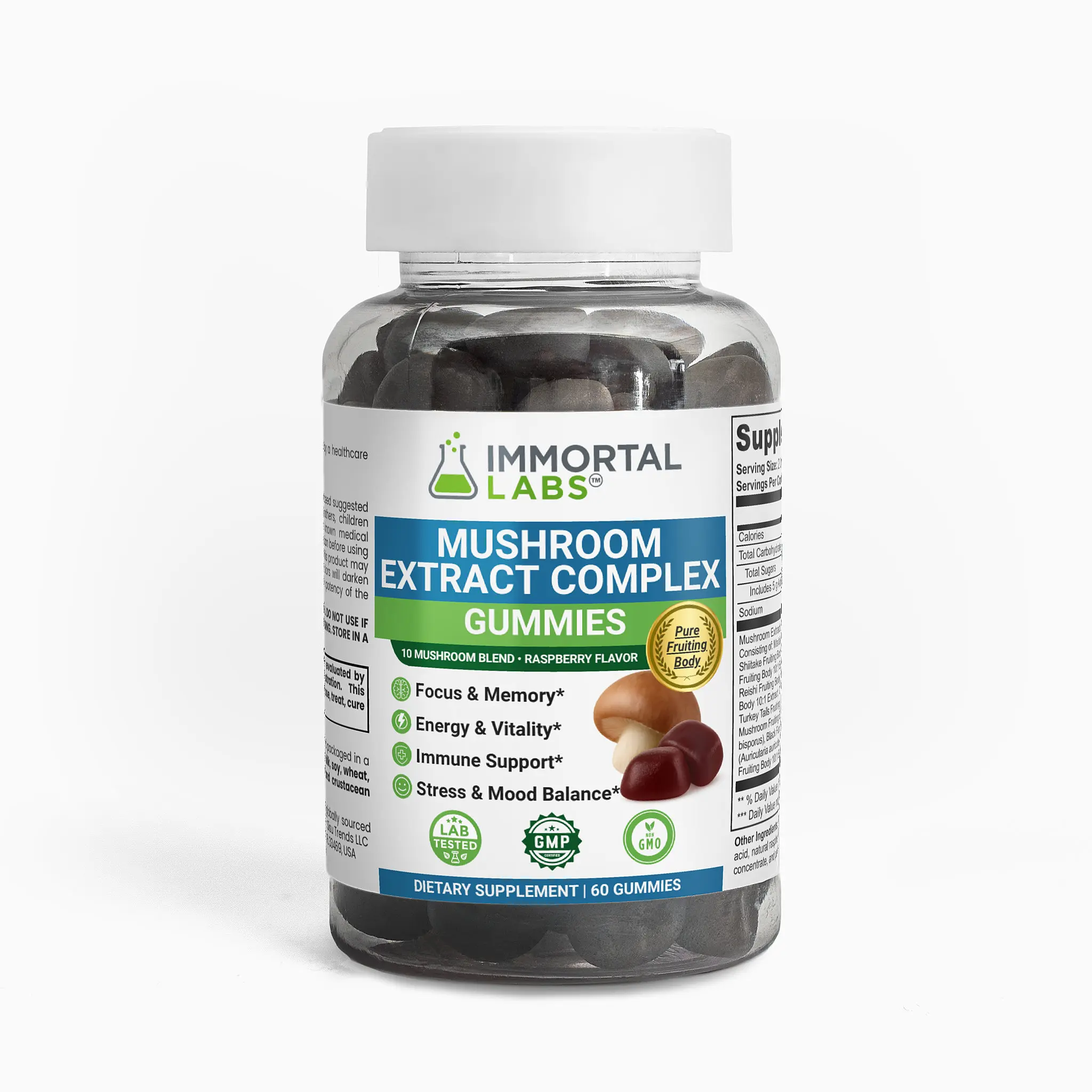 IMMORTAL LABS Mushroom Complex Gummies for Focus, Memory, Energy, Stress & mood Support Supplement, Fitness, Edible