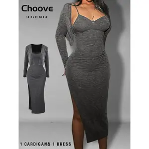 Women’s Fashion Open-Front Cami Dress Two-Piece Set, Elastic Fabric Slim Fit, Long Sleeves, Thigh-High Slit, Casual, Suitable for All Seasons