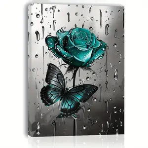 1pc Wooden Framed Turquoise Rose and Butterfly Canvas Print Wall Art, Ideal for Various Occasions