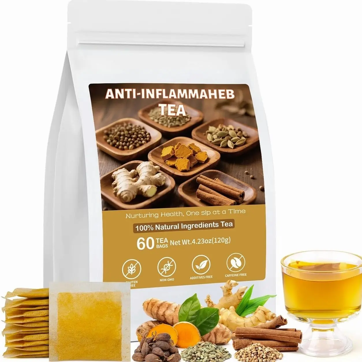 Anti-Inflammaheb Tea, 100% Natural Inflammation Tea from Premium Turmeric, Ginger, Cinnamon, Cardamom, Cumin, Coriander Seeds Herbal Ingredients, Supports Antioxidant, Boost Immunity (1 Pack/60 Bags）