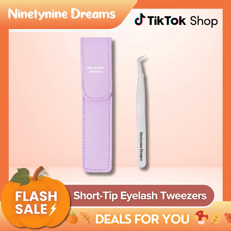 Ninetynine Dreams Eyelash Tweezers | Short-Tip Professional Precision Applicator Tool for Eyelashes — Anti-Slip Grip, Perfect for Lash Clusters & Strip Lashes, Includes Tweezers Pouch for Safe Storage, Beginner Friendly Eyelash Application Must-Have Tools