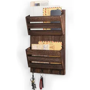 Mail Organizer Wall Mount with Key Hooks, 2-Slot Wood Mail and Key Holder, Wall File Organizer Office Letter Folder Accessories Organizer Home Farmhouse Decor