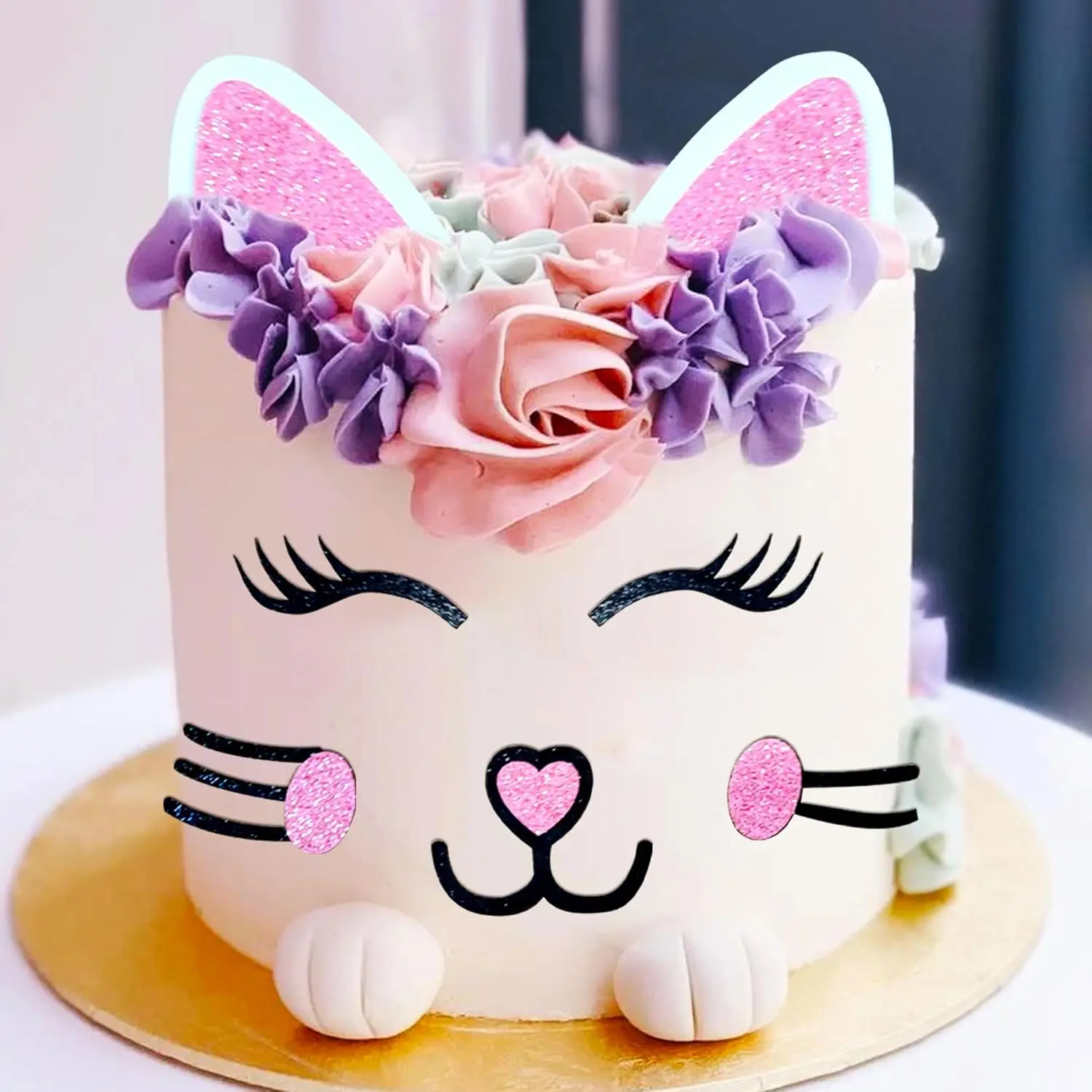 Cat Cake Topper Cat Ears Eyelashes Cake Set Cake Decorations for Cat Themed Birthday Party Cute Meow Birthday Party Boy Girl Baby Shower Party Decoration