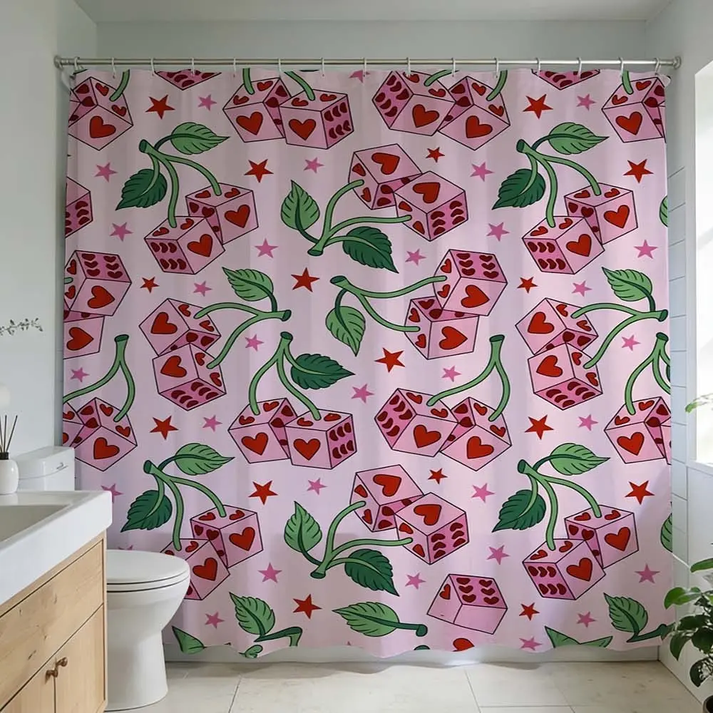 1 Pc Vibrant shower curtain with whimsical cherry and heart cube pattern, Decorative shower curtain, adds playful touch to bathroom decor perfect for home decor and modern bathroom design that brings charm to every shower experience