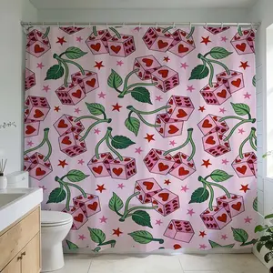 1 Pc Vibrant shower curtain with whimsical cherry and heart cube pattern, Bathroom supplies, adds playful touch to bathroom decor perfect for home decor and modern bathroom design ideal for bathroom renovation that brings charm to every shower experi
