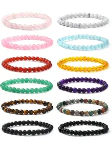 12Pcs Bead Bracelets for Women Men 6mm Semi-Precious Gemstones Beaded Bracelets Healing Stone Bracelets Tiger Eye Lava Rock Crystal Stretch Beaded Bracelet Unisex, Stackable Bracelet