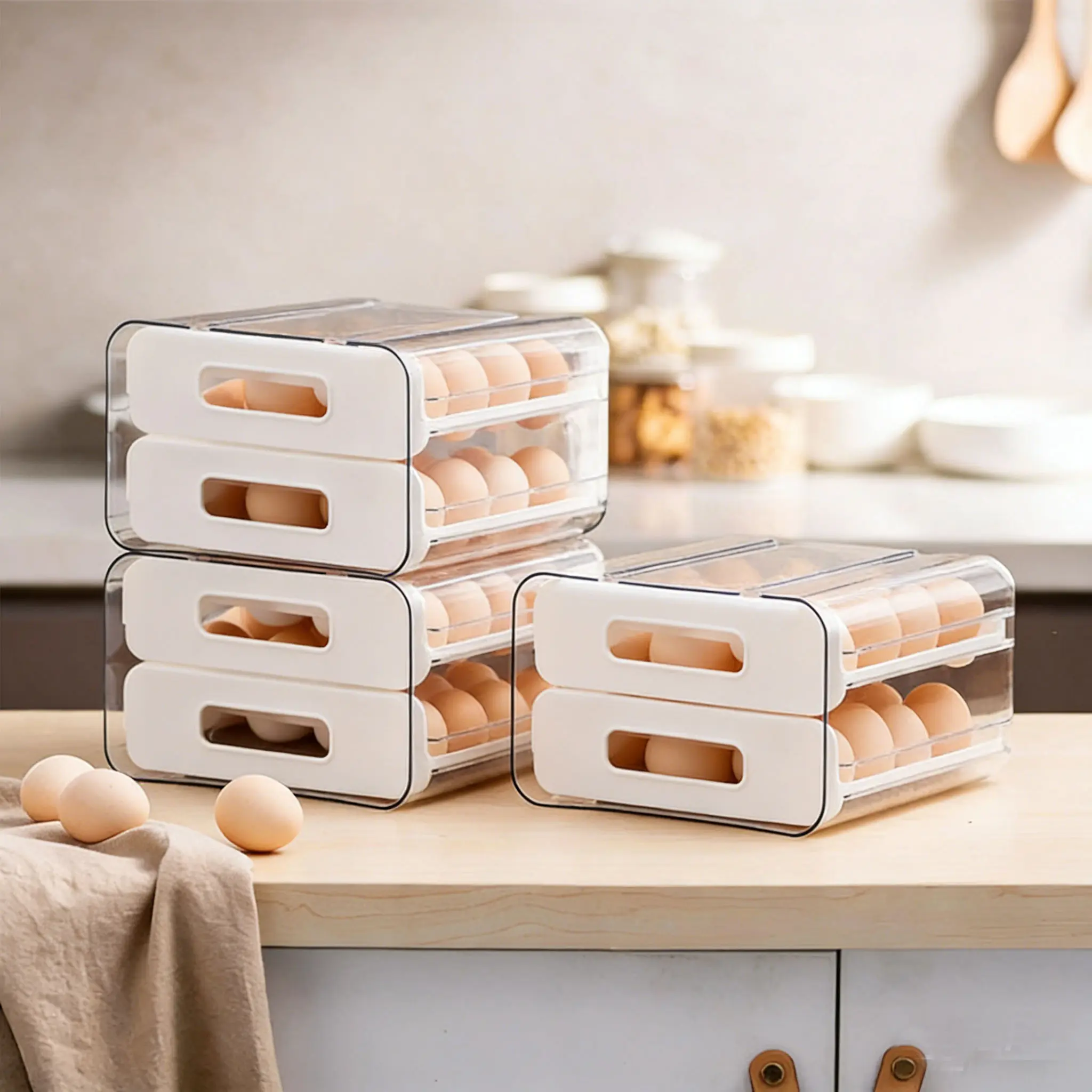 Clear Stackable 2-Tier Egg Storage Container with Drawer & Handles, 32-Egg Refrigerator Dispenser for Fridge & Countertop (Home Organizer Storage Box)