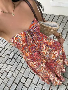 Elegant Summer V-Neck Print Cross-Band Halter Dress, Women's Vacation Style Sleeveless Backless Design, Perfect for Casual Wear