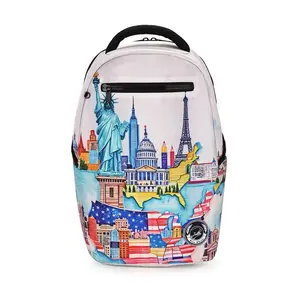Vibrant World Landmark Print Backpack with US Map & Iconic Monuments, Perfect Artistic Daypack for Travel, School and Adventure Seekers.