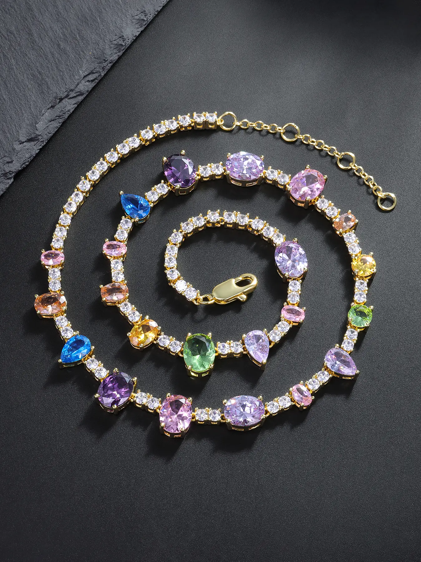 ICED CHICS Colored Oval Teardrop Zircon four-claw tennis Chain Necklace, 10mm colored necklace, hip-hop zircon necklace, Cz Prong Necklace, Cubic Zirconia Necklaces, the best gift for friends, birthday present, suitable for both men and women