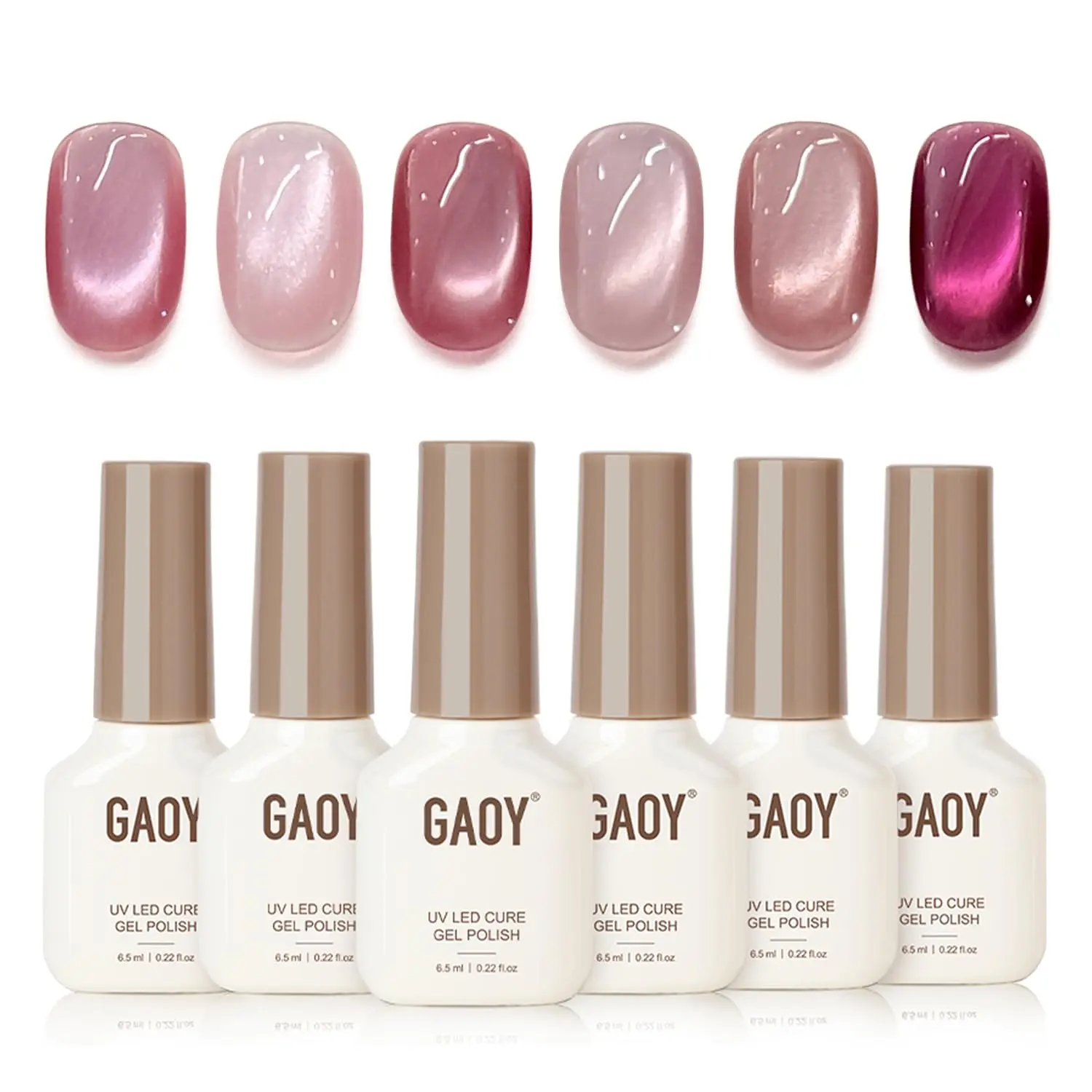 GAOY Pink Cat Eye Gel Nail Polish Set 6 Colors, Crush Worthy | Valentine's Date Night Nails, Sweet & Spicy, Glass Holographic Glitter, Salon Gel Manicure Pedicure, UV Lamp Required