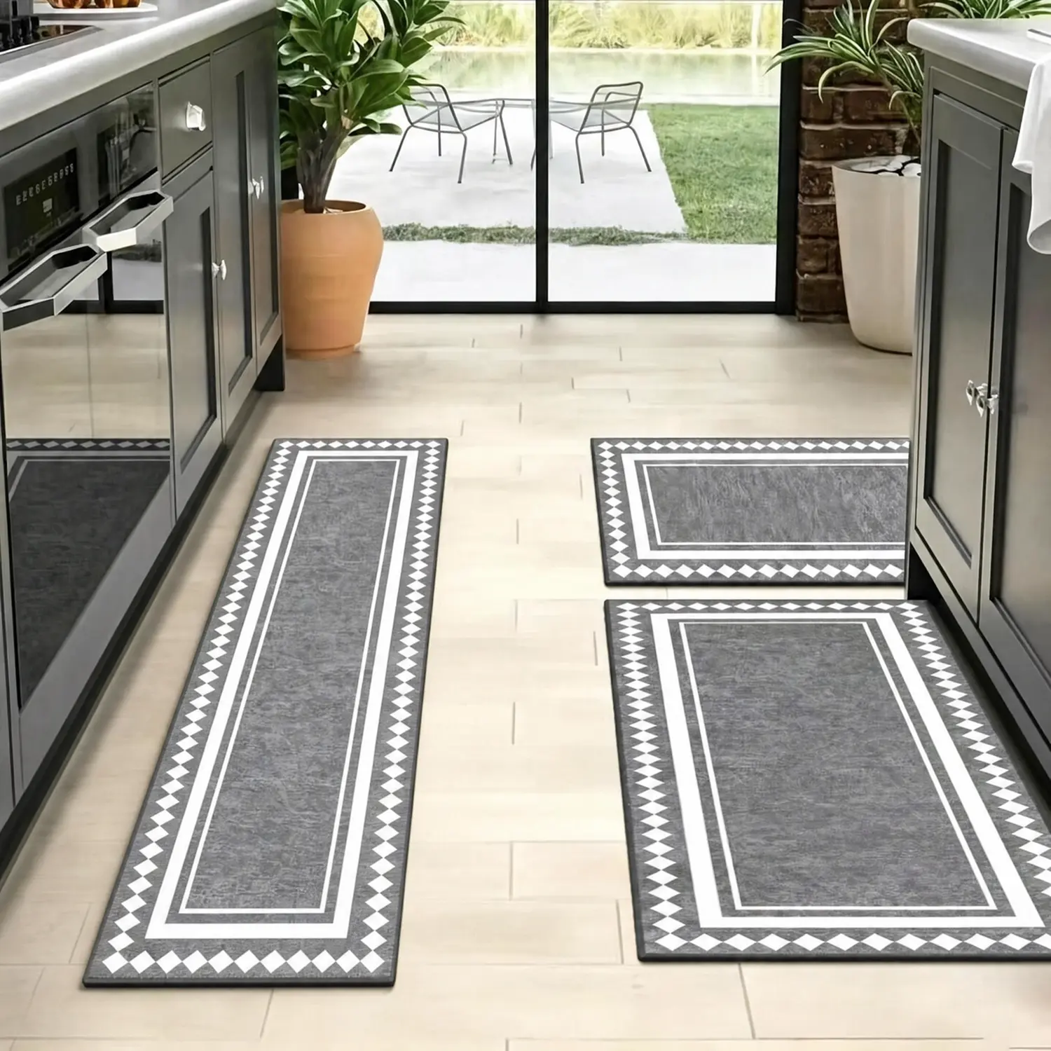 Polyester Fabric Home Decor Rugs (2-Piece/3-Piece Rectangular 20"x48") - Non-Slip, Water-Absorbent, Wrinkle-Resistant Indoor Floor Pads, Modern Machine-Washable Grey Geometric Mats for Kitchen, Office Standing Desk