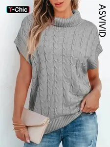 Women's Plain Cable Knit High Neck Sweater Vest, Casual Sleeveless Jumper Vest for Daily Wear, Ladies Knitwear for All Seasons