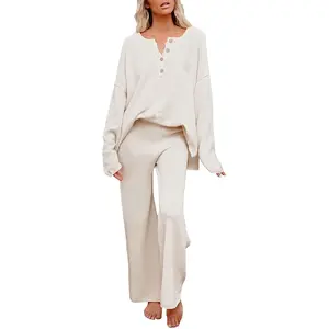 Women's 2 Piece Fall Outfit Lounge Set Long Sleeve Button Pullover Sweater Matching Wide Leg Pants Knit Sweatsuit