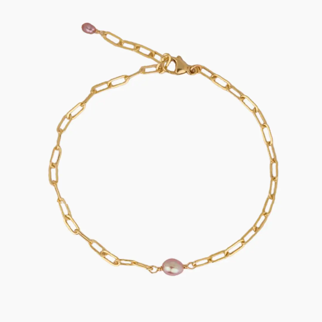 Adults' Pink Keshi Pearl Paperclip Bracelet - Natural Single Pearl, 7.75 in, 1-of-a-Kind Hawai'i Style, Distinct Color, Shape, Surface Variations, One Of A Kind