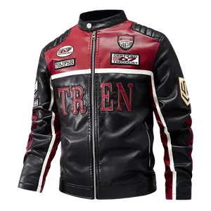 Men’s Vintage Color-Block Motorcycle Leather Jacket — Soft, breathable material; contrasting red-and-white line segmentation; slim fit that flatters the figure; versatile leather jacket for streetwear and riding.