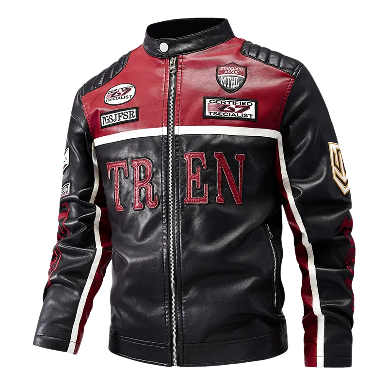 Men’s Vintage Color-Block Motorcycle Leather Jacket — Soft, breathable material; contrasting red-and-white line segmentation; slim fit that flatters the figure; versatile leather jacket for streetwear and riding.
