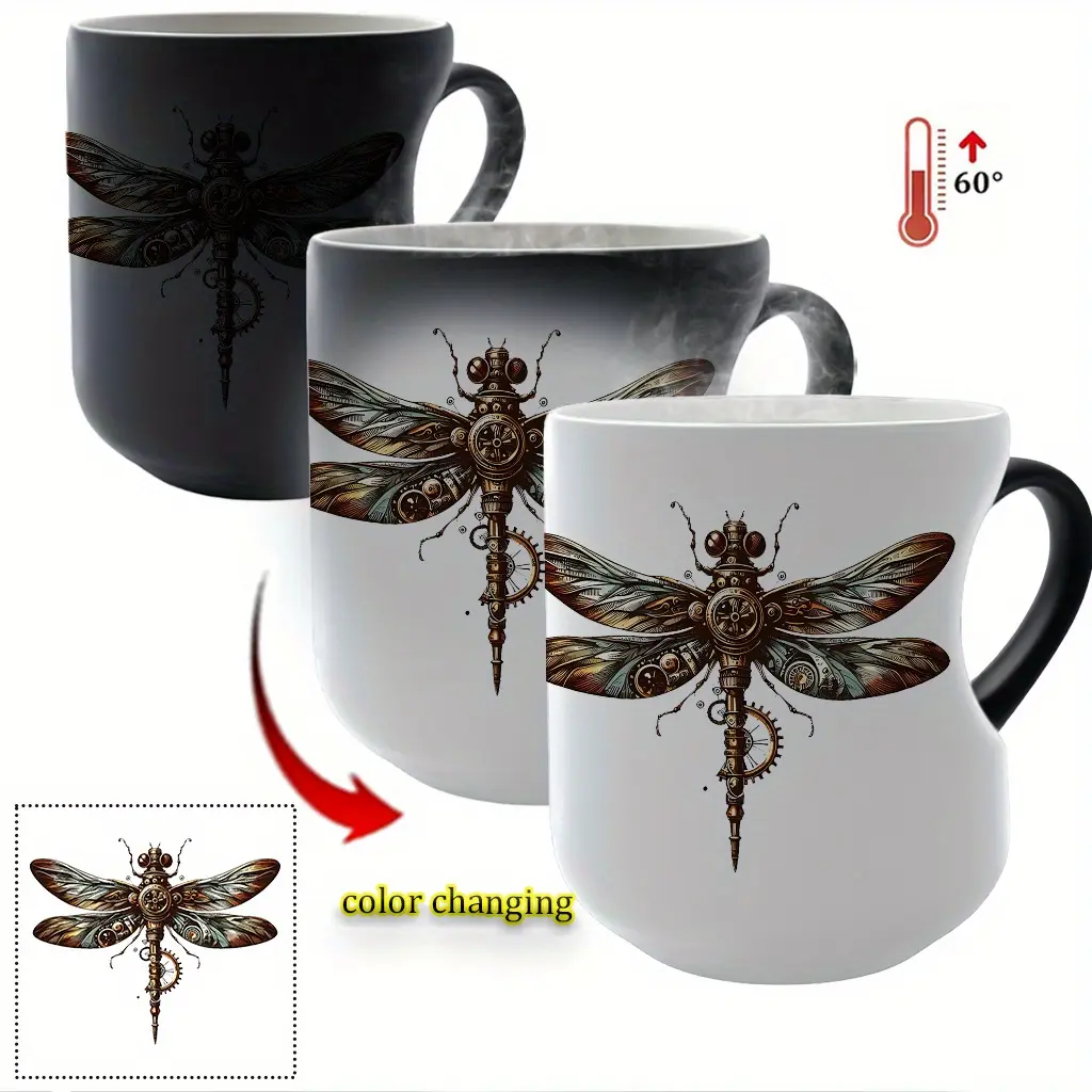 Thermosensitive Ceramic Mug - Steampunk Dragonfly Design, Heart-Shaped Handle, 11oz / 330ml, Color-Changing Coffee Cup from Hot to Cold, Reusable, Non-Slip, Perfect Gift for Mother's Day & Christmas, Suitable for All Beverages, Thermal Mug | Heat Sen