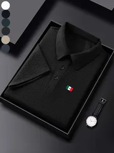 Men's Regular Fit Mexico Flag Print Textured Polo Shirt, Casual Short Sleeve Half Zip Up Collared Top for Summer, Fashion Men's Clothes for Daily Wear