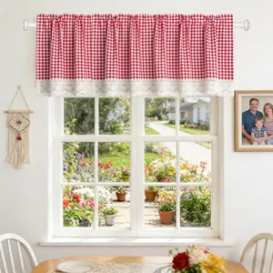 Red Gingham Curtain Valance for Kitchen Cabinet Decor Check Plaid Semi-Sheer Curtain Tiers for Small Windows Rod Pocket Valances with Cotton Floral Bottom for Living Room Privacy 1 Panel