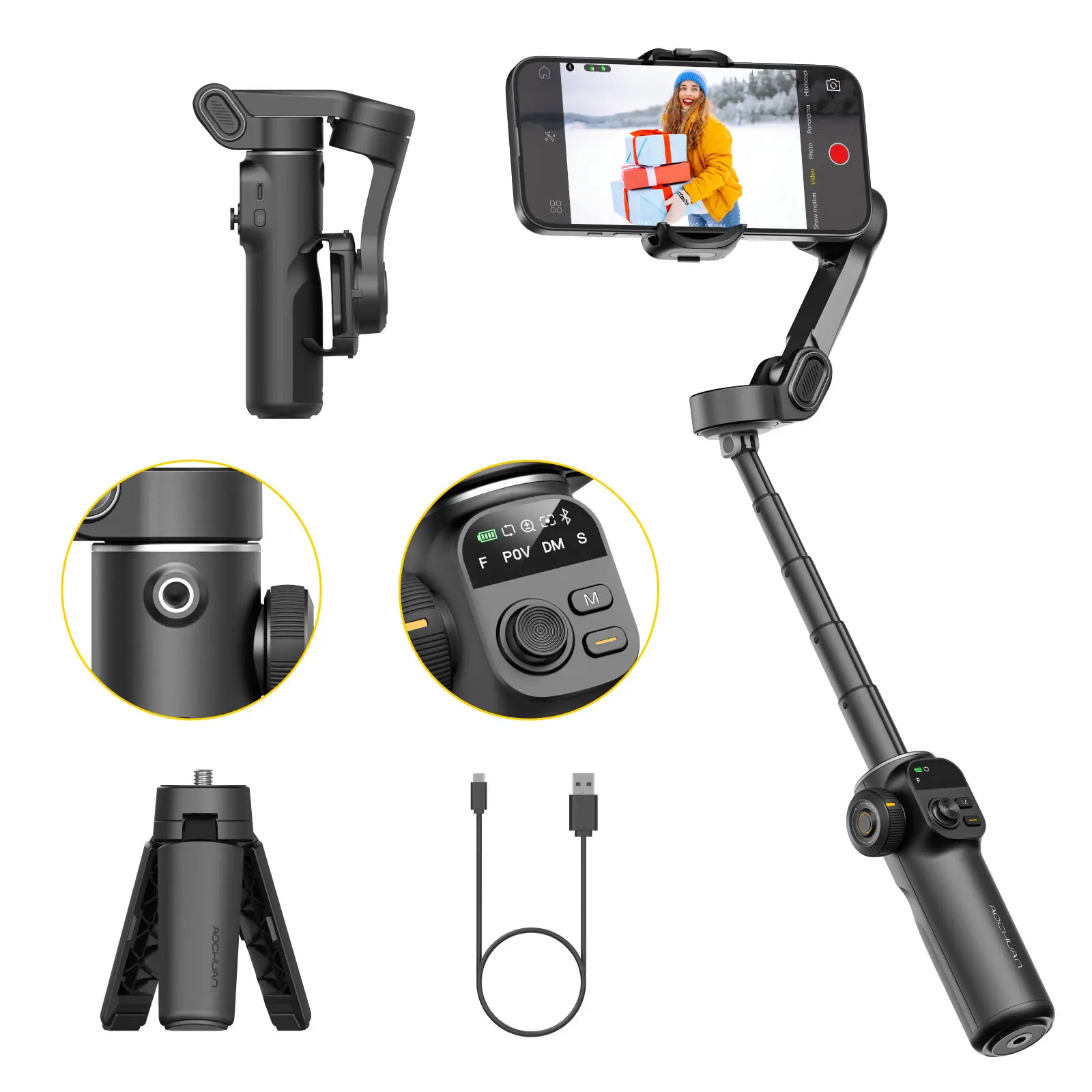 AOCHUAN Gimbal Stabilizer for iPhone, 3-Axis Smartphone Gimbal Built in 7.8' Extension Rod, Portable Gimbal Stabilizer w/OLED Display for iPhone/Andro