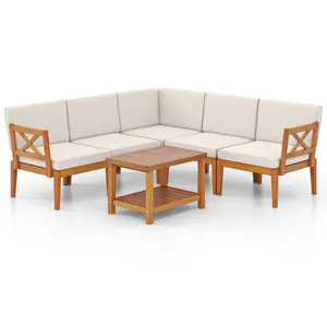 COSTWAY - 6 Pieces Acacia Wood Patio Furniture Set with Cushions and 2-Tier Coffee Table-White