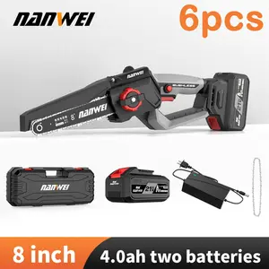 6pcs Garden Chainsaw 8-inch (includes 2 replaceable batteries + 1 charging cable + brushless electric chainsaw + chain + guide plate sleeve), handheld chainsaw, brushless motor powered saw, cordless design, suitable for wood cutting and tree trimming.