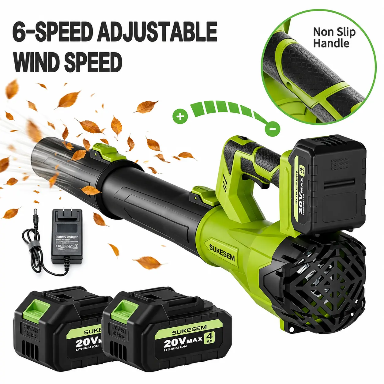 SUKESEM Wireless Leaf Blower with High Airflow, Equipped with 4.0Ah Battery, 6-Speed Adjustable & Extended Nozzle, Anti-Slip Handle,Handheld Snow Removal Machine, Lightweight Design for Lawn Care and Yard Cleaning
