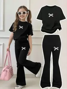 Girls' Casual Short Sleeve & Bell Bottoms Set, Bowknot Design, Round Neck, Breathable, All Seasons, Fitted Style, with Bows, Clothing Sets
