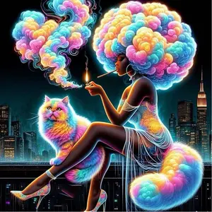 5D DIY Crystal Round Diamond Painting - Diamond Art Kit Rainbow Cat, Colorful Hair, Urban Night Scene Mosaic, Canvas - DIY Decorative Painting, Home Wall Decor, Decoration, Suitable for Halloween and Christmas Gifts, DIY Diamond Arts, Crafts