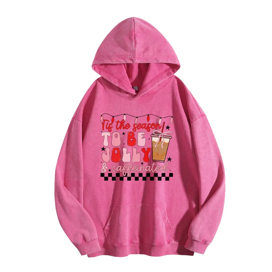 Harleyland 2026 Women's "Tis The Season To Be Jolly & Caffeinated" Print Acid Wash Raw Wash Look Cotton Hoodie - Comfortable, Oversized Loose-Fit, Fashionable Winter Warm Long-Sleeve Streetwear Casual Pullover Top for Party, Biker
