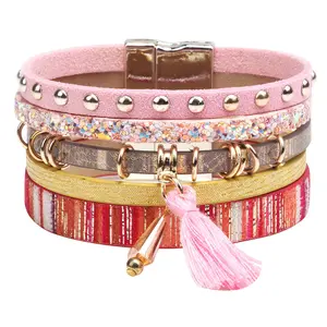 OIDEA Bohemian Multilayer Wrap Leather Bracelet, Studded Tassel Charm Magnetic Clasp Cuff Wristband, Adjustable Boho Bangle for Women Men
