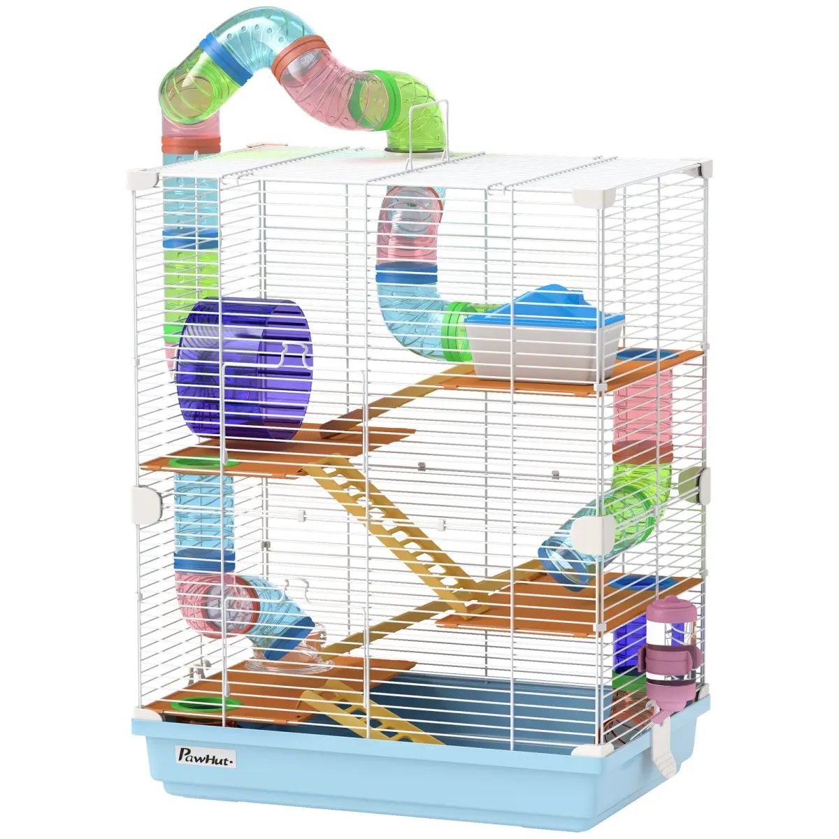 212 Main D51-214V00LB Paw Hut 5-Tier Hamster Cage, Portable Animal Travel Carrier with Exercise Wheels, Tube, Light Blue