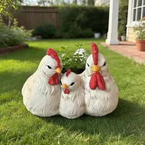 1pc Resin Chicken Family Planter | Hand-Painted White Rooster Hen Chick Flower Pot, Decorative Plant Container for Outdoor Garden Yard Patio Lawn Ornament, Lightweight, Classic Style with Flower Pattern, Garden Accessories